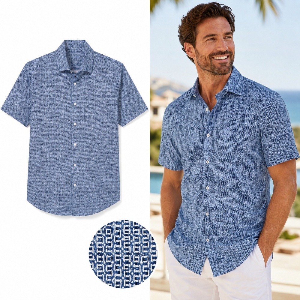 Bugatchi OoohCotton Tech Geometric Print Shirt Blue White 8-Way Stretch Mens M